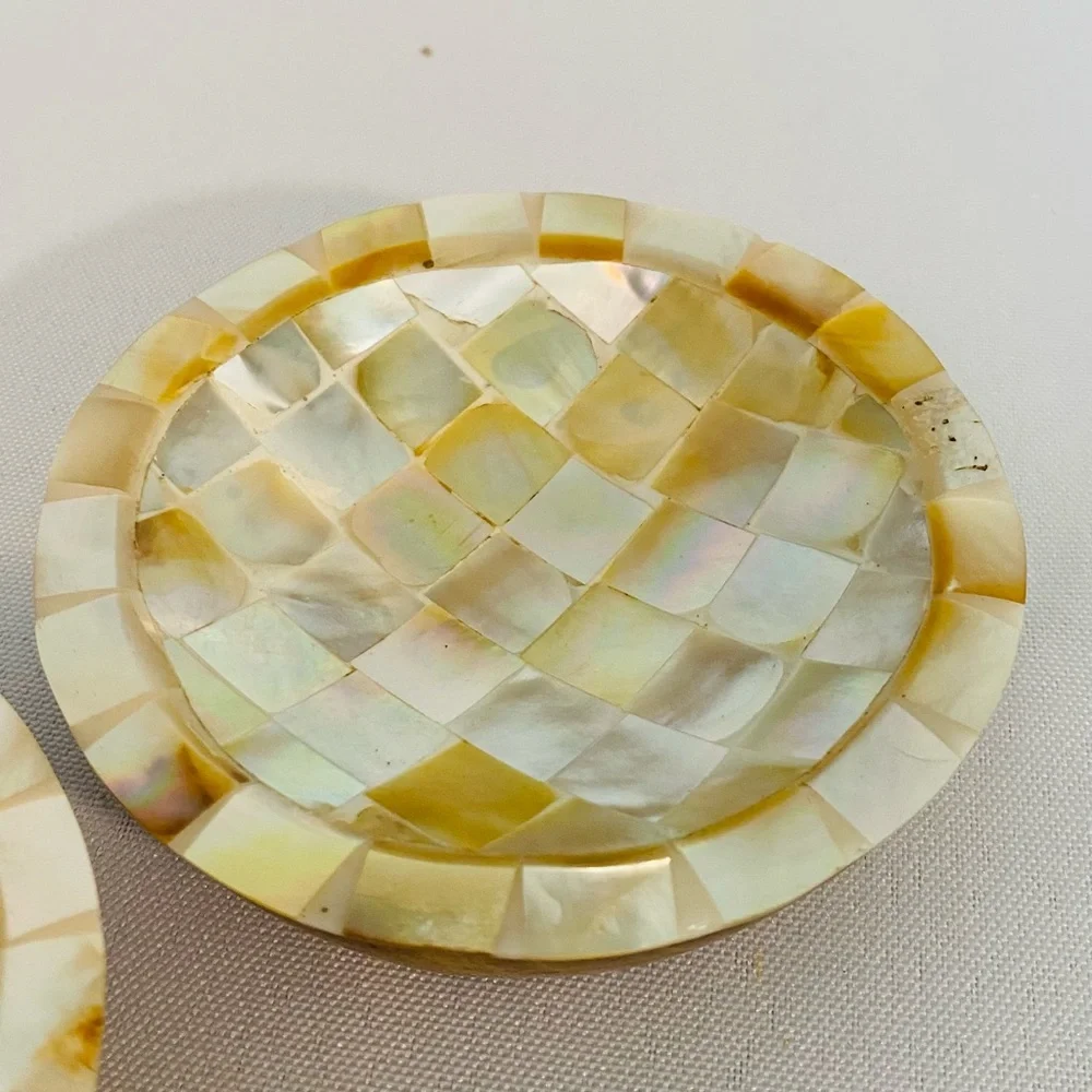 Mother of Pearl Inlay Wooden Caviar Dish Butter Pat Trinket Dishes Shell BOHO